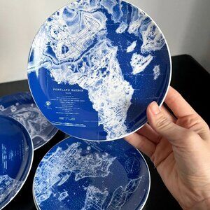 Caskata Harbor Collection Set of 6 Blue & White Harbor Scene Dessert Plates